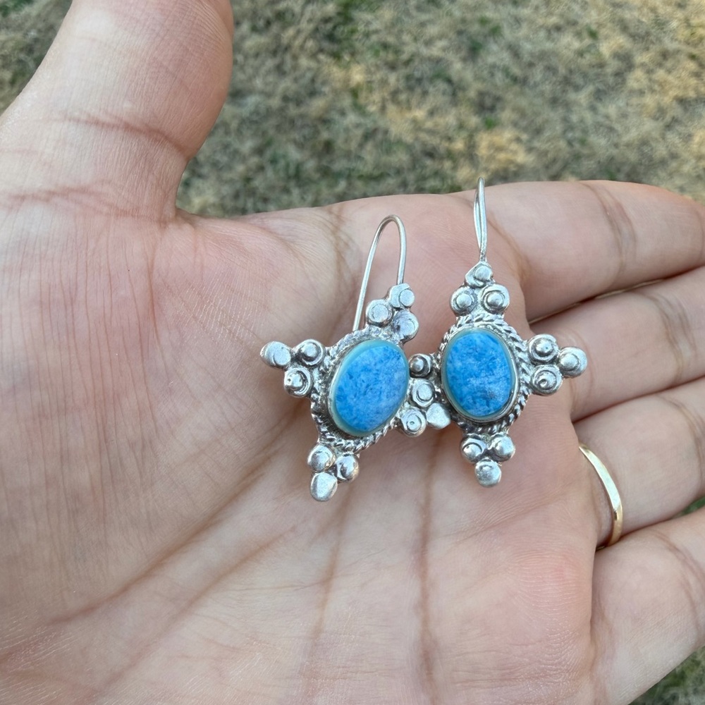 925 Sterling Silver Cross Earrings With Larimar Stone